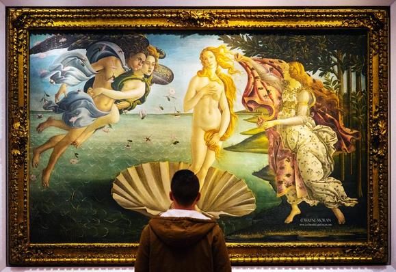 The Birth of Venus Uffizi Gallery Florence Italy
Sandro Botticelli, c. 1485–1486

Botticelli’s The Birth of Venus is one of the crowning masterpieces of the Italian Renaissance—an ethereal vision of beauty, mythology, and poetic grace. The painting portrays the Roman goddess Venus emerging from the sea on a giant scallop shell, delicately arriving at the shore, propelled by the breath of the wind gods Zephyrus and Aura, and greeted by a handmaid ready to clothe her in a flowing floral robe.

With flowing golden hair and an almost otherworldly serenity, Venus embodies divine beauty and spiritual purity. Botticelli’s soft, rhythmic lines and pastel palette give the work a dreamlike, lyrical quality. The sea, the sky, and the figures seem to breathe together in harmony, expressing not just myth but the Renaissance ideal of perfected human form and philosophical beauty.

To see The Birth of Venus in person at the Uffizi Gallery is nothing short of breathtaking. The painting commands the room with its scale, radiance, and historical significance. There’s a hushed reverence among visitors—many moved to silence by its delicate power. 



https://fineartamerica.com/featured/the-birth-of-venus-sandro-botticelli-uffizi-gallery-florence-italy-wayne-moran.html




#Florence #Italy #BirthofVenus #masterpiece #SandroBotticelli #Botticelli #Uffizi #Gallery #artGallery #travel #travelPhotography #Landscape #landscapes #art #fineart 

#ayearforart #buyintoart
