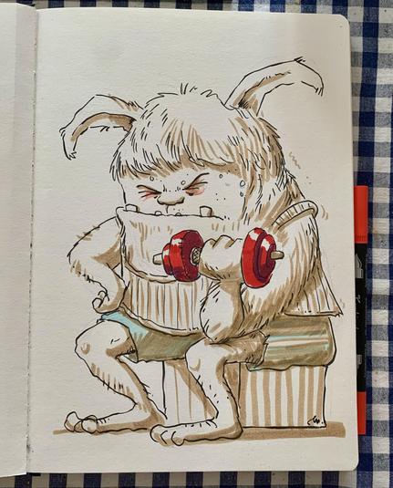 A humorous illustration of a fluffy, anthropomorphic monstet lifting a small dumbbell. The monster has an intense expression, sweat beads on its forehead, and is wearing a tank top and shorts. It sits on a striped box.