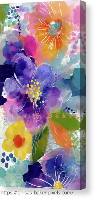 Garden Stroll / Floral Art by Lisa S Baker. Vibrant colors splash across the scene, featuring a variety of abstract flowers in hues of purple, pink, orange, and yellow. Bold brushstrokes create a lively composition, with dotted patterns enhancing the visual interest.
