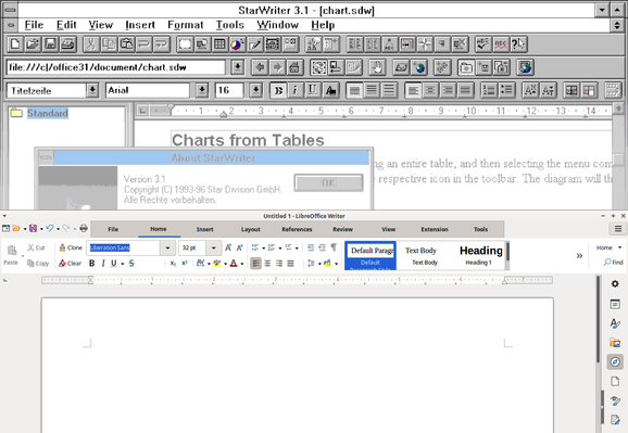 Screenshot-Vergleich zwischen StarWriter 3.1 aus den 1990er Jahren und LibreOffice heute.