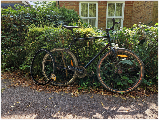 Black bicycle leaning against hedge with a new tyre next to it and a brick house in the background.