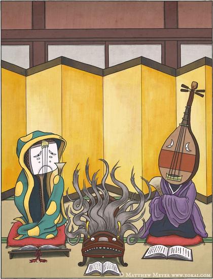 Illustration depicting instruments that have developed human characteristics. The koto in centre has a face and hair. The biwa right is a person with a biwa as their head.