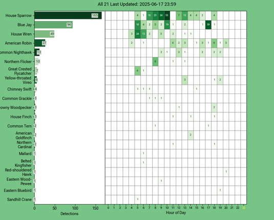 Chart generated by BirdNET-Pi with rows of all detected birds for Tuesday, June 17, 2025 in decending order.  The first large column displays a bar chart of relative frequency; the 24 reamaining columns create cells with the bird count for each hour of the day shaded by relative count.