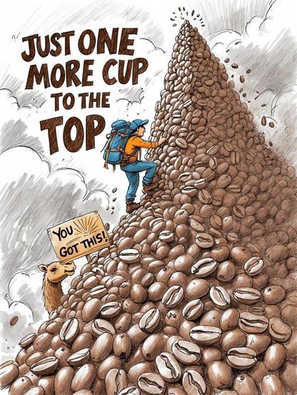 A man climbing to the top of a hill made of coffee beans. Caption: "Just one more cup to the top"