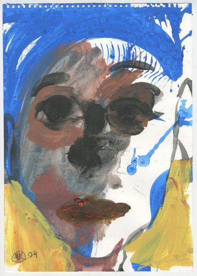 Image: Michael Kane: Blue & Yellow Girl, 2024, acrylic on paper, 42 x 30 cm | a quickly sketched face, in bright paint, blue and yellow; the face fills most o fthe page, the figure apparently ha no hair; the left side of the face, as we see it, is apparently in shade; the background colour scheme is Ukrainian • “Taylor Galleries are delighted to present this extraordinary collection of works on paper by Michael Kane.  Recent works on paper (2024-25) resonate with a powerful sense of pragmatism – Kane marvels at a world that continues to offer individuals endless challenges and chances to carve a singular solid space for themselves, often against the odds; and he celebrates the resilient spirit of those who take on the world, as it spins.…”