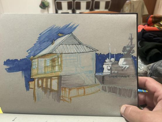 A sketchbook drawing of a small building on a pier, with a bird on its peak, and a huge ass military chase boat in the background. The boat is  capable of landing helicopters and launching its own smaller boats. It’s communication tower zigzagging zags up from mid ship.