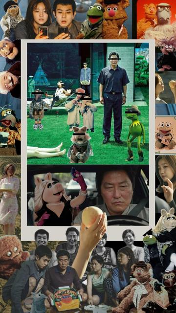 Collage de la película parasitos con personajes de los muppets