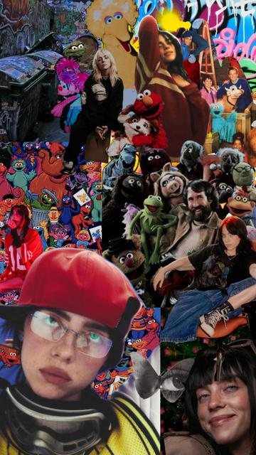Collage con personajes de los muppets con Billie Elish y Jim Henson