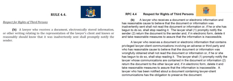 NY Rule 4.4(b) side by side with NJ rule 4.4(b). The NY Rule addresses only inadvertent disclosures and the NJ rule also addresses wrongfully obtained information.