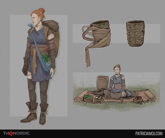 Digital sketch: concept art of a female herbalist and her selling setup
