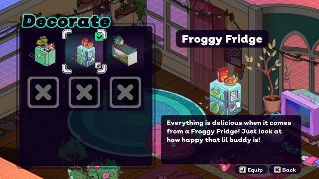 The room decoration screen of Spirit Swap. We have unlocked a Froggy Fridge, a cute green fridge covered in frogs and lily pads. Text: "Everything is delicious when it comes from a Froggy Fridge! Just look at how happy that lil buddy is!"