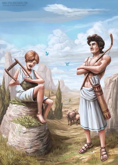 Tom McGrath's depiction of Hermes showing Apollo his new instrument, looking quite amused by the whole thing and approving and Hermes looking proud as he plays it. Apollo's cattle sit in the background.