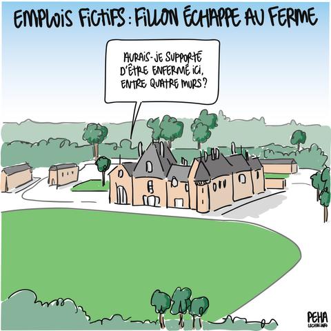 Titre du dessin : emplois fictifs : Fillon échappe au ferme

Dessin du manoir de la famille Fillon, avec ses tourelles, son parc, sa verdure, avec une voix provenant d'un des imposants bâtiments : aurais-je supporté d'être enfermé ici, entre quatre murs ?