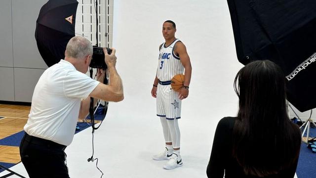New Magic guard Desmond Bane, whose jersey number in Orlando will be 3, met with the Central Florida media for the 1st time and posed for some pictures on Tuesday. (Spectrum Sports/Brandon Green)