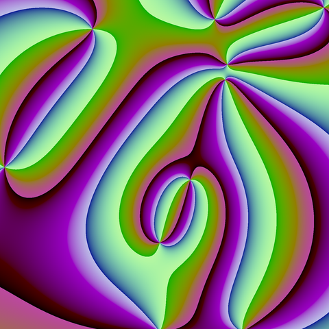 Still from a code generated animation. Curved shapes using 5 poles and 5 zeros rendered with a GLSL shader. The predominant colors are greens and purples with hints of pale red.