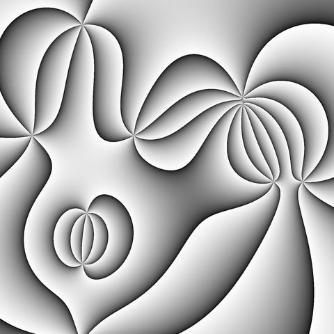 Still from a code generated animation. Curved shapes using 5 poles and 5 zeros rendered with a GLSL shader. Grayscale version. The curve between white and black is such that it can remind one of lights and shadows.