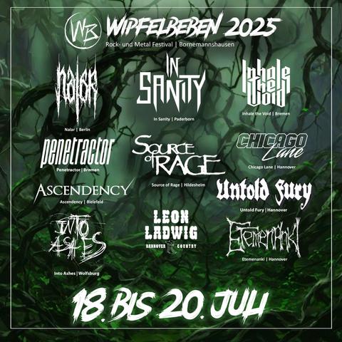 An assortment of logos of bands that are playing at Wipfelbeben 2025 from July 18th through 20th, including Nalar, In Sanity, Inhale the Void, Penetractor, Source of Rage, Chicago Lane, Ascendency, Untold Fury, Into Ashes, Leon Ladwig and Etemenaki