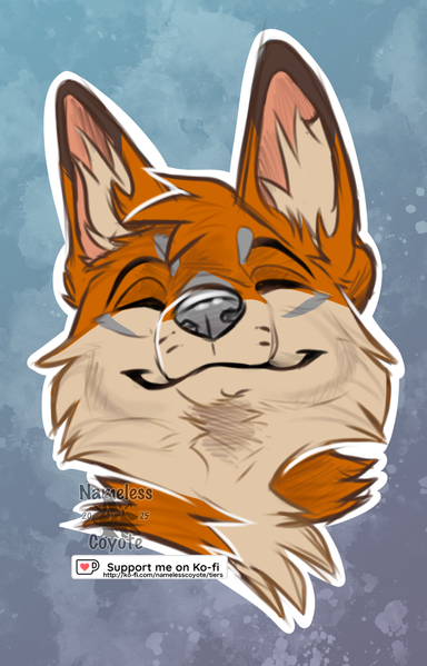 A headshot doodle of a fox character seen from the front, he is looking slightly up, smiling, closed eyes. Looking happy