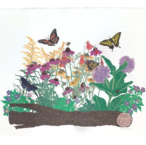 As described this is a my collaged linocut pollinator garden artwork featuring a log, wildflowers and pollinators including: Canada goldenrod, purple coneflower, wild geraniums, wild columbine, common milkweed, black eyed susans, monarch butterflies, red-spotted purple butterfly, white underwing moth, Eastern tiger swallowtail butterfly, bumblebee, sweat bee, resin bee, large milkweed bug and milkweed leaf beetle.