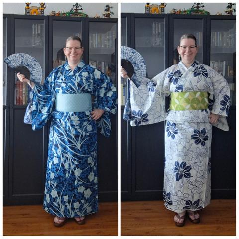 Two photos of a sturdy blond white woman with glasses. On the left, I'm wearing a dark blue yukata with floral shapes in different shades of blue, plus a wide lightblue obi (belt). On the left, I'm wearing a white yukata with big lillies(?) looking as if painted with a paintbrush in dark blue ink.