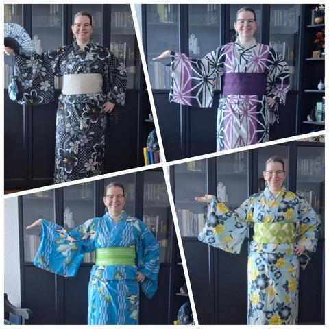 Four photos of a sturdy blond white woman with glasses. Clockwise, I'm wearing a black yukata with mostly white floral prints and a cream-colored obi, a white yukata with a bold geometric pattern in purple and black with a dark purple obi, a greenish-blue yukata with a big lilly(?) pattern and a bright green obi, and lastly a lightblue yukata with blue and yellow flowers and a lightgreen obi.