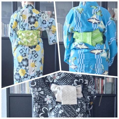 Three photos showing a sturdy blond white woman in different yukatas from behind, showing the knots in her obi belts.