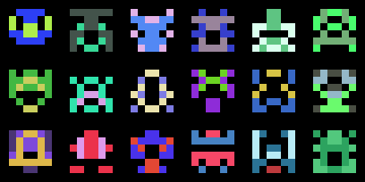 a 6x3 grid of multicolored 6x6 pixel aliens a la space invaders