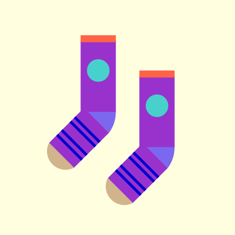 Two socks: Both are a DarkOrchid sock with a MediumSlateBlue heel, a Tan toe, and a Tomato cuff, with a MediumTurquoise circle on the leg and four MediumBlue stripes on the foot, all on a LightYellow background.