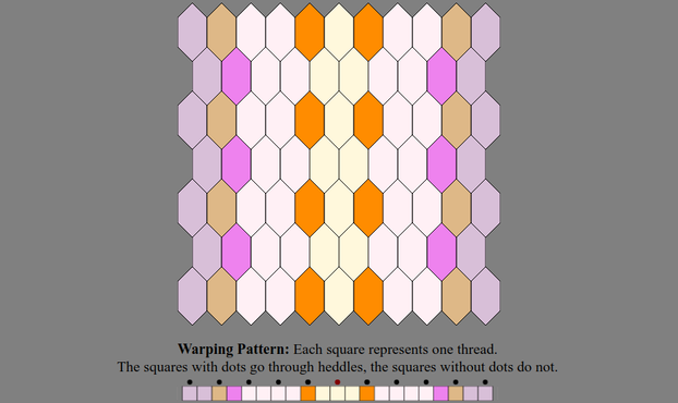 An Inkle weaving diagram and warping pattern in the color sequence listed in the text description: The warping pattern is a line of colored boxes with small dots above every other one, above which it states: "Warping Pattern: Each square represents one thread. The squares with dots go through heddles, the squares without dots do not." The weaving diagram is a series of tessellated lozenge shaped tiles illustrating how the pattern will appear when woven.