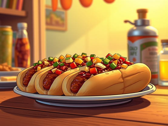 Plato de chilidogs con toppings coloridos sobre una mesa de madera, con un ambiente cálido y acogedor.