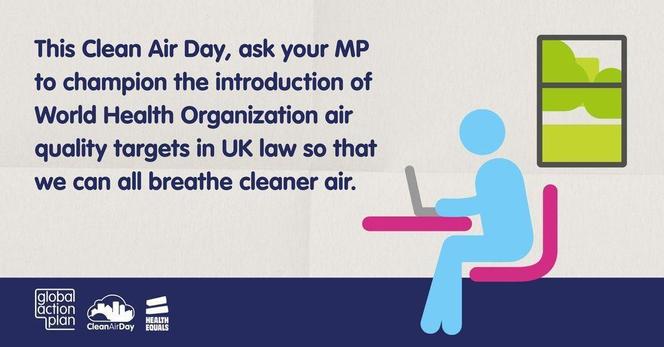 Illustration show a person taking action for clean air by writing a letter to MP. The caption reads: This Clean Air Day, ask your MP to champion the introduction of World Health Organization air quality targets in UK law so that we can all breathe cleaner air.