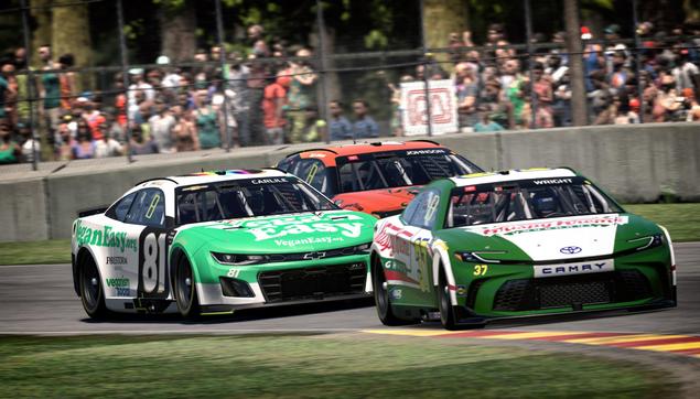 Simulated NASCAR stock cars on track. Focus on the number 81. Green, white, black color scheme. VeganEasy.org the primary sponsor.