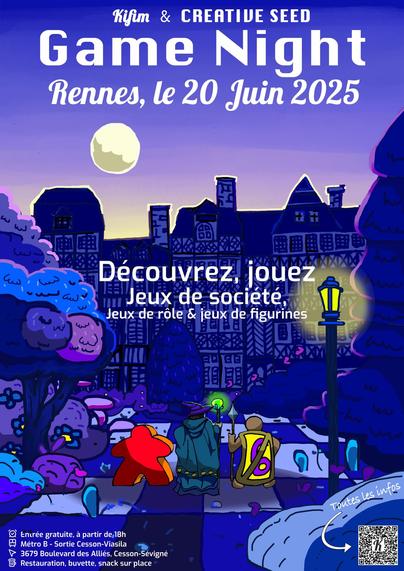 Affiche de la nuit du jeu Kifim organisée à Rennes le Vendredi 20 juin. Dessinée par Fabrice.
