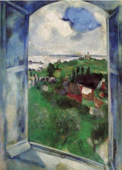 The windows of a gently arched window are thrown open (opened like a double door), are two-paned with trim and sill painted white. The window is on an upper floor and the scene outside is one of green lushness, lake or sea in the distance, a few dark green trees, and in the middle of the landscape are some red or white cottages or farm buildings. The day is cloudy with white clouds covering much of the sky with a baby blue glimpse of sky in the middle of them.
