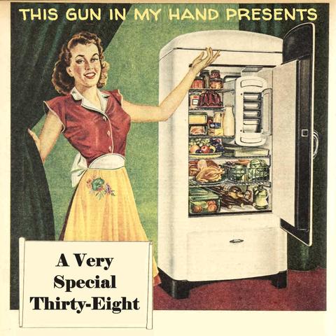 Painting from a 1946 magazine ad shows a woman in a sleeveless red blouse and yellow skirt with flowery decoration near the waist, gesturing with her left hand towards an open refrigerator beside her. Maybe she’s in a showroom because she’s holding a curtain with her right hand. The fridge is packed with milk bottles, jars, soda or wine, a platter of fruit, a bundt cake, a whole chicken on a plate. Across the top of the image it says “THIS GUN IN MY HAND PRESENTS.” An unrolled scroll in the bottom left reads “A Very Special Thirty-Eight.”