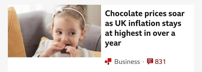 Chocolate prices soar as UK inflation stays at highest in over a year