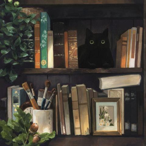a painting of a cat in a bookshelf