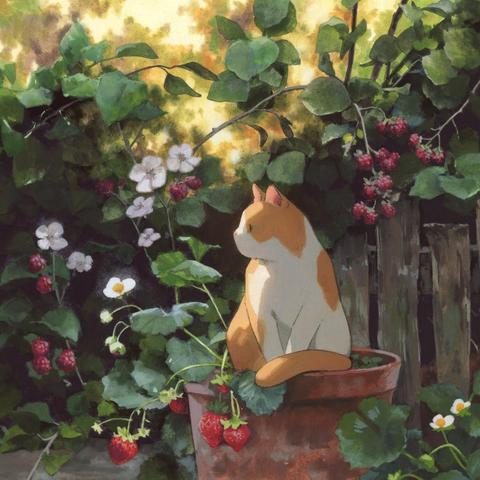 a painting of a cat in a plant pot