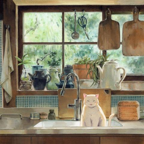 a painting of a cat in a kitchen sink