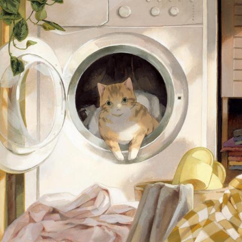 a painting of a cat in a waching machine