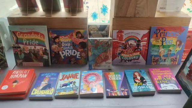 Some of the books for the Pride Month display in the window of the Edinburgh Bookshop