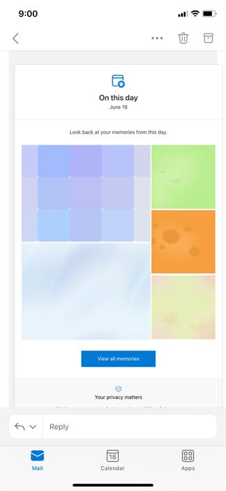 “On this day” and “Look  back at your memories from this day. View all memories” but the images are all blank placeholders.