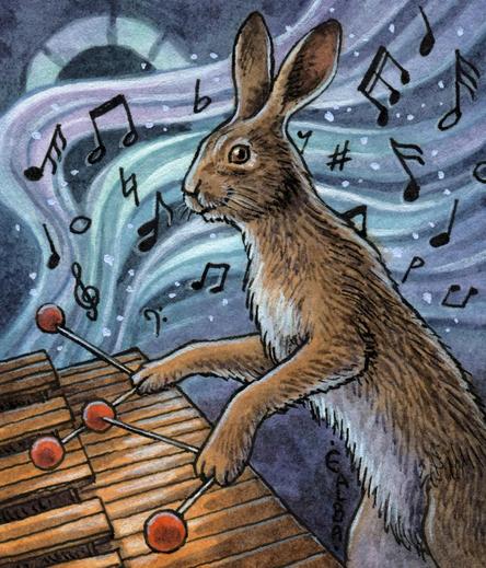 Ink and watercolor illustration of a hare playing a marimba instrument, with magical musical notes floating in the background.
