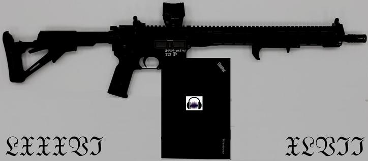 Thomas Matthew Crooks' AR-15 rifle with cracked shoulder stock with a Thinkpad type laptop over the magazine slot and a modified version of the Audacity logo (headphones with sound in between) on the laptop

I converted the Arabic numerals of 8647 to Roman numerals and then wrote these as if they were Roman letters but in German type and put them into the bottom corners