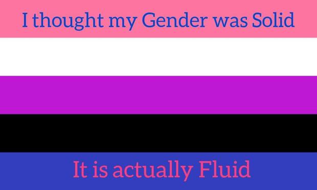 Genderfluid flag captioned "I thought my gender was solid, it's actually fluid."