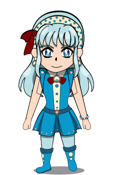 A chibi overworld “sprite” of Piper (PDP-1 and PDP-4). She has medium-length ice blue hair and has blue eyes, wears round earrings, a light yellow and blue polka-dotted headband with a red ribbon in her hair. She wears a 1960’s Space Age style blue and light yellow minidress with ice blue tights and blue boots with a yellow circle motif, a round brooch on the collar with a red bowtie.