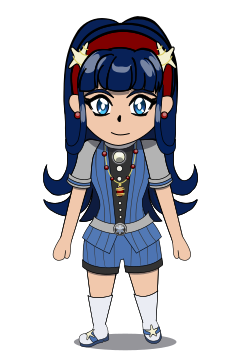 A chibi overworld “sprite” of Polyxena (PDP-7). She has long dark blue hair in a flip-do and has blue eyes, wears small round red earrings, a red headband with a pair of wire-wrapped starfish brooches on it, with a red ribbon in her hair. She wears a 1960’s Space Age style outfit with nautical elements in slate blue with dark gray trim down the middle and edges of her shorts, white buttons down the middle, light gray sleeves and a light gray belt. She also wears white boots with blue soles and straps with starfish brooches on them, and wears a round brooch on her outfit. She also wears a wire-wrapped necklace with red gems.