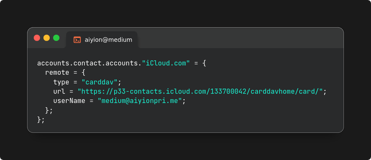 A snippet of an exemplary NixOS Home-Manager config to set up a carddav account.