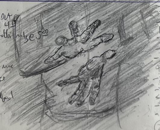 A loose pencil sketch of two hands looming out of the gloom