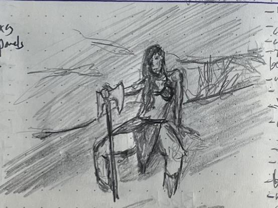 A pencil sketch of a saucy warrior